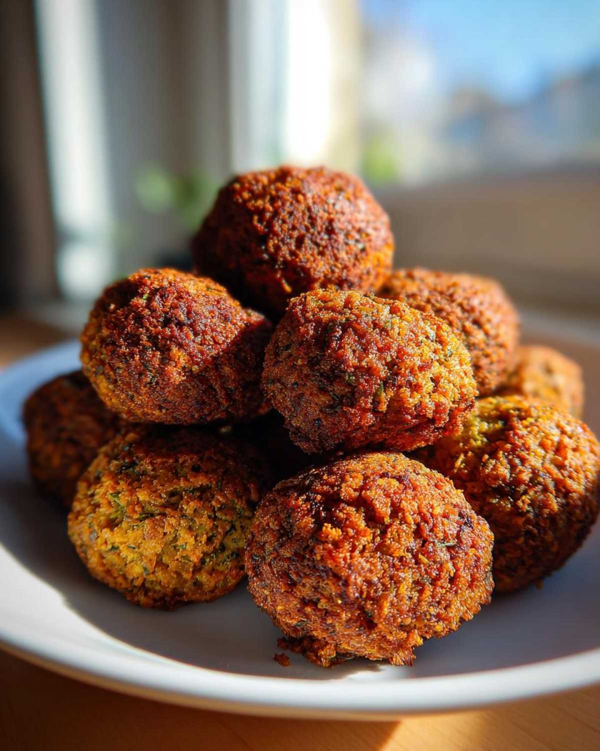 A close-up, sunlit stack of golden brown, crispy air fryer falafel balls piled high on a white plate.