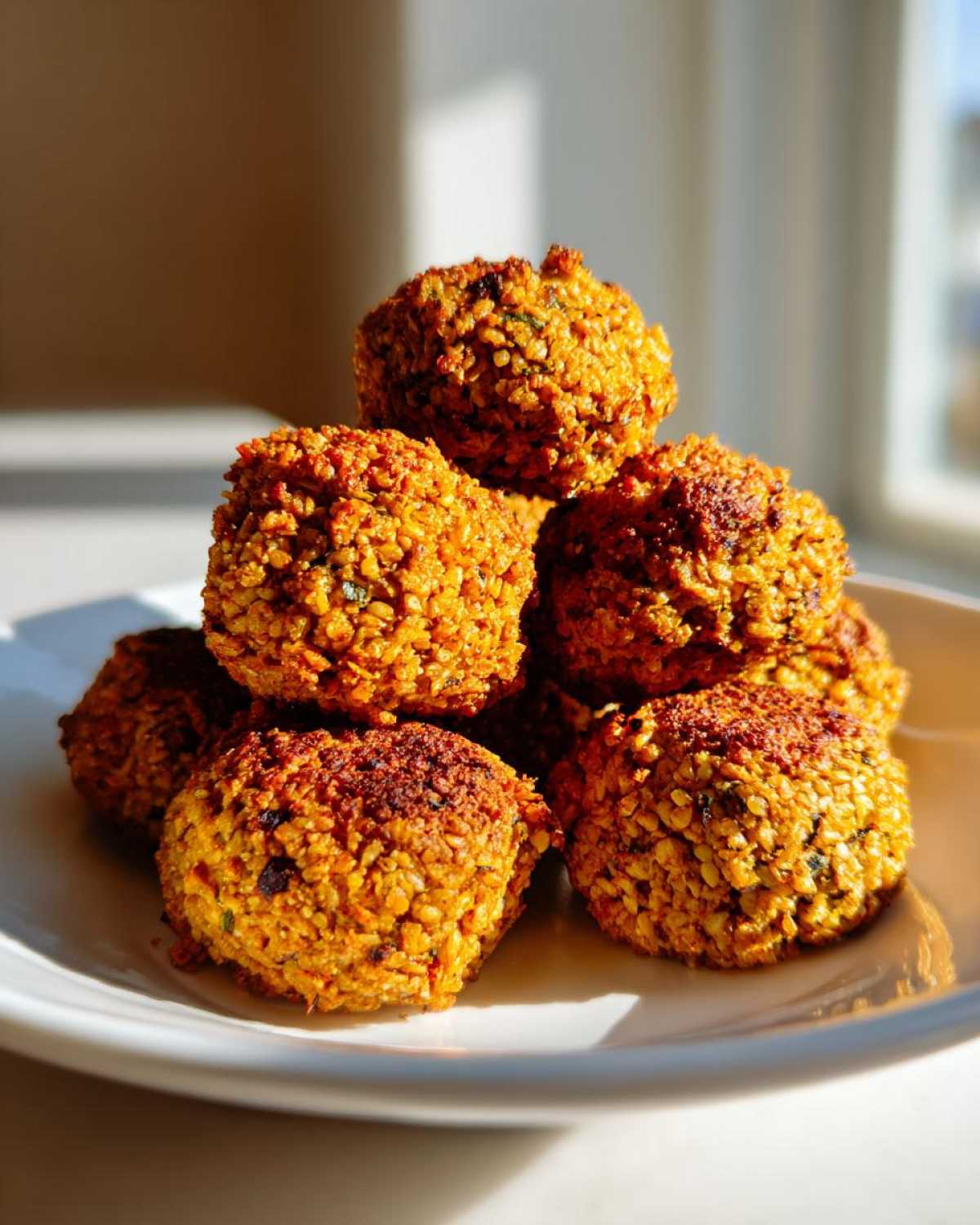 A stack of golden brown, crispy air fryer falafel balls piled high on a white plate, beautifully lit by sunlight.