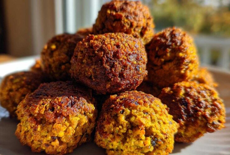 A close-up stack of golden-brown, crispy air fryer falafel balls showing their textured exterior.