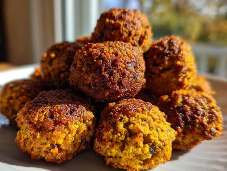 A close-up stack of golden-brown, crispy air fryer falafel balls showing their textured exterior.