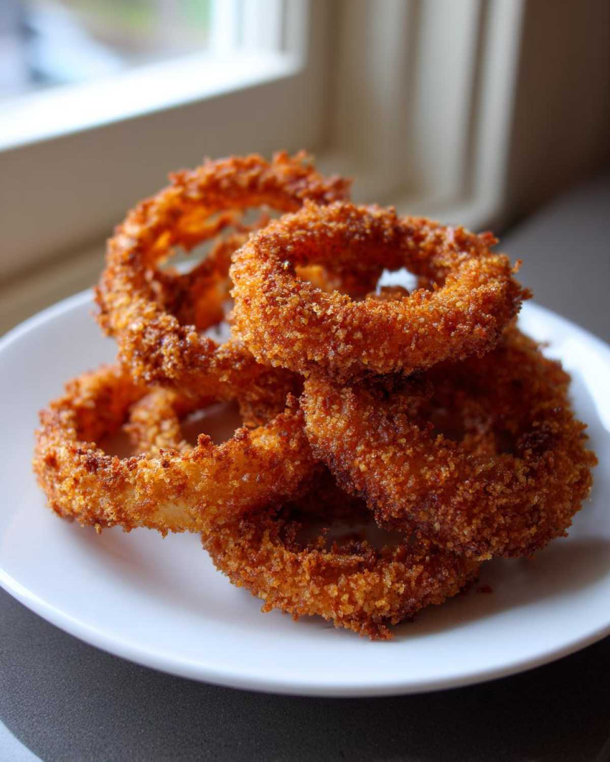 A close-up of several perfectly crispy, golden-brown Air Fryer Onion Rings stacked on a white plate.