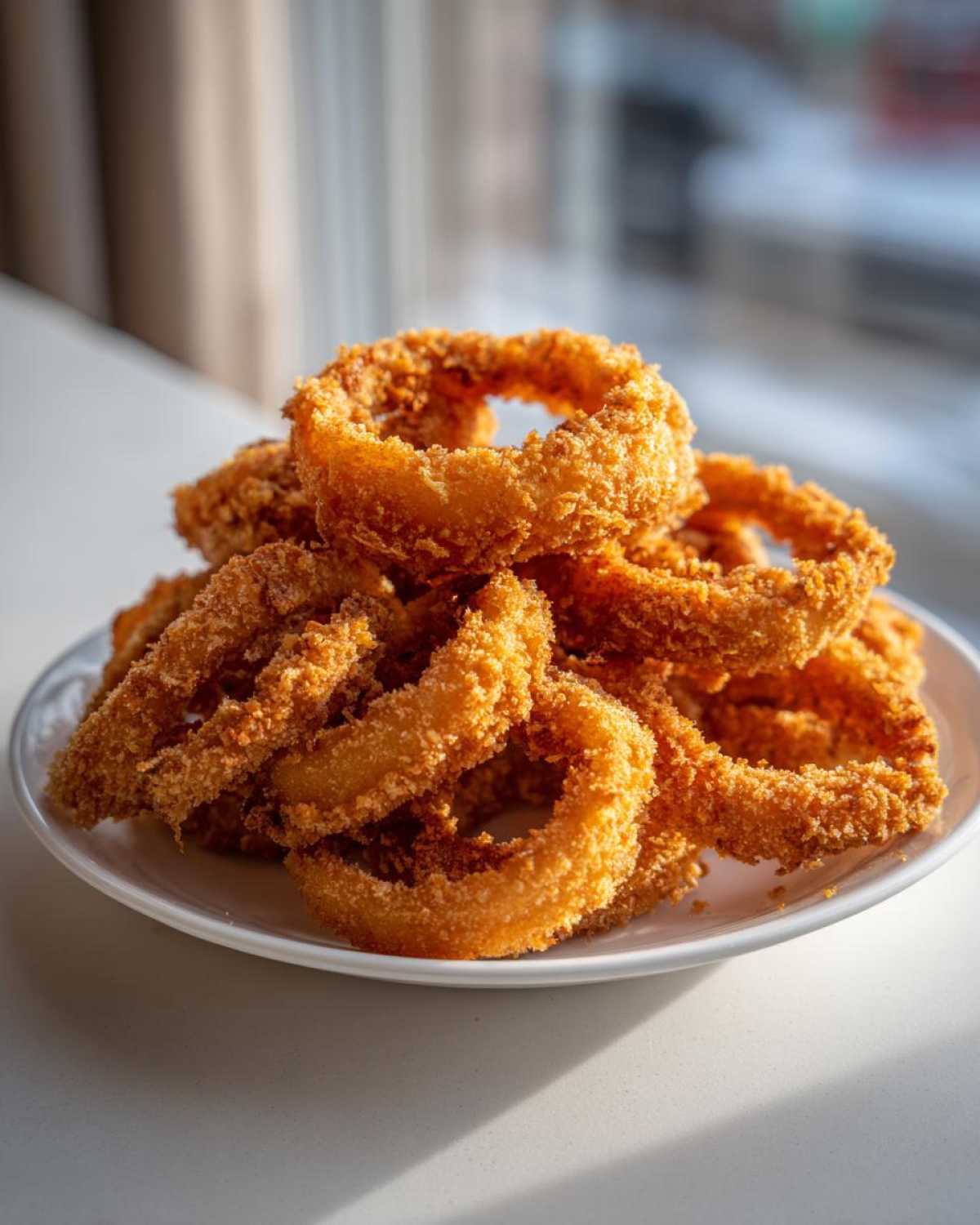 A tall stack of golden brown, crispy Air Fryer Onion Rings piled high on a white plate.