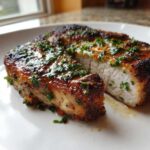 Cross-section of a thick, juicy Crispy Air Fryer Pork Chop topped with glistening garlic butter and fresh parsley.