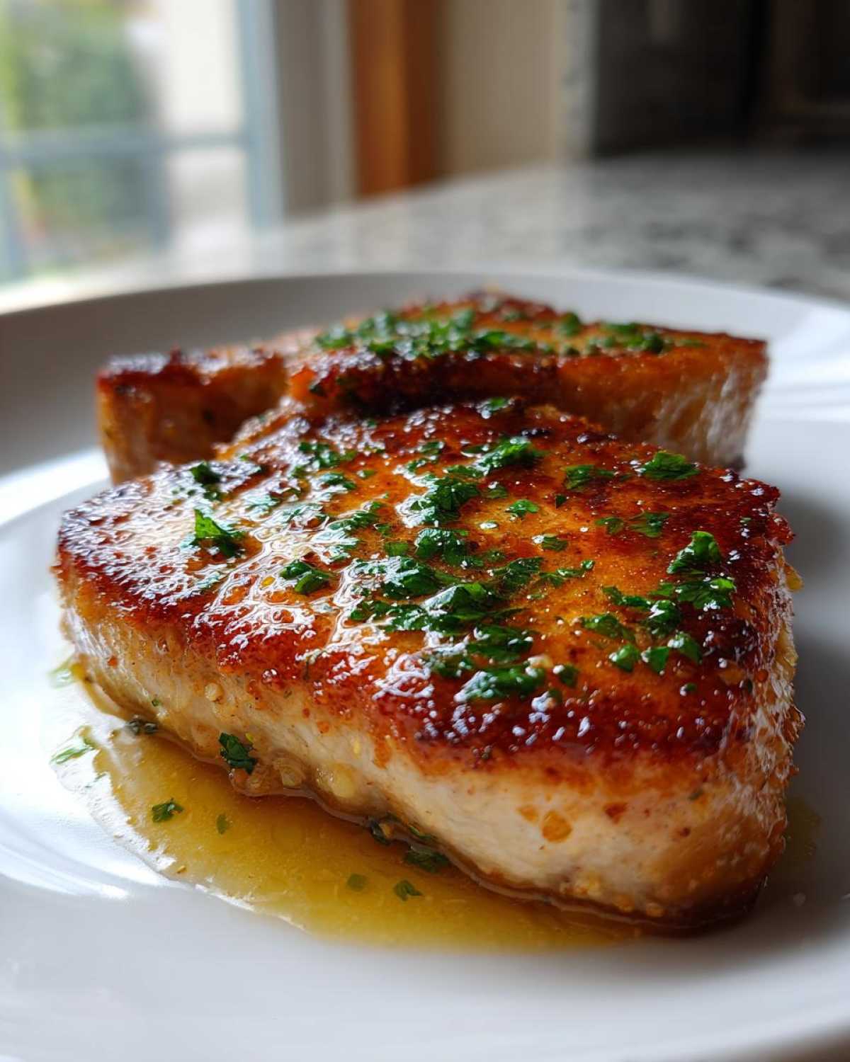 Two juicy Crispy Air Fryer Pork Chops covered in glossy garlic butter sauce and fresh parsley.