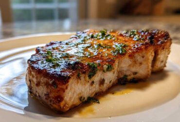 Close-up of a thick, juicy Crispy Air Fryer Pork Chop topped with glistening garlic butter sauce and fresh parsley.