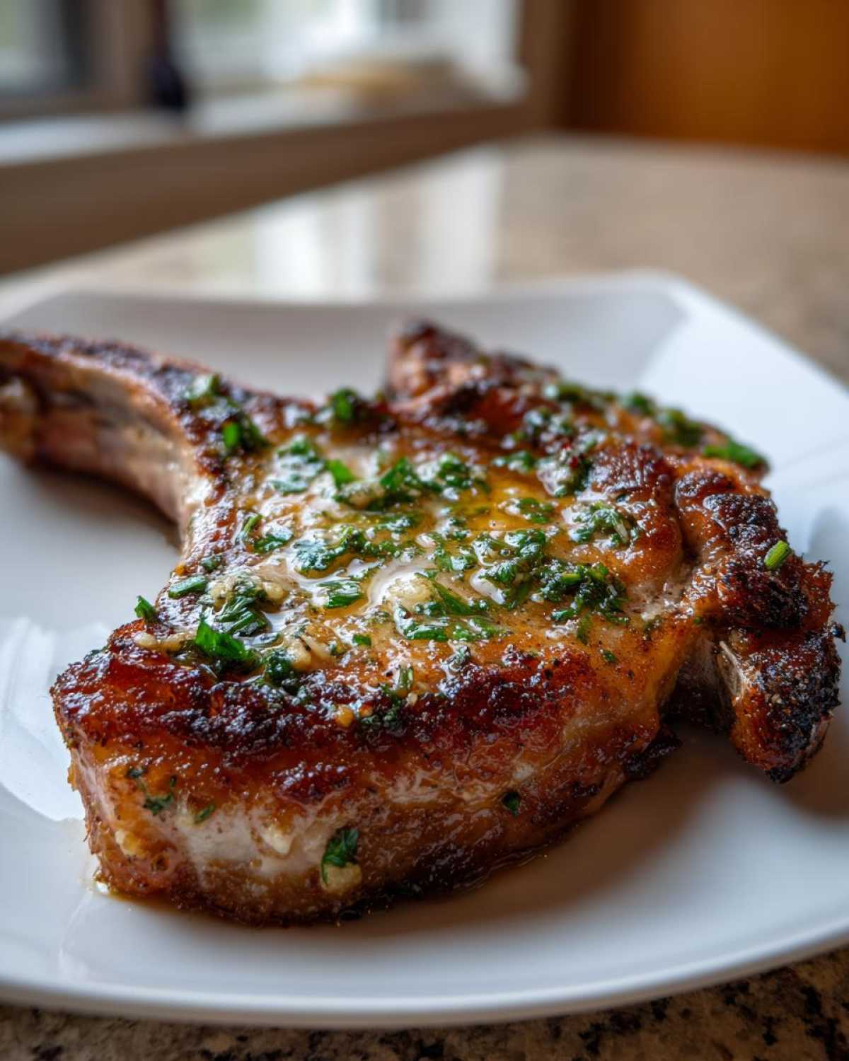 A perfectly cooked, crispy air fryer pork chop topped with melted garlic butter and fresh parsley.