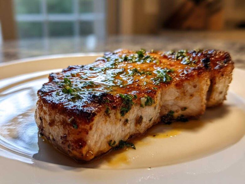 Close-up of a thick, juicy Crispy Air Fryer Pork Chop topped with glistening garlic butter sauce and fresh parsley.
