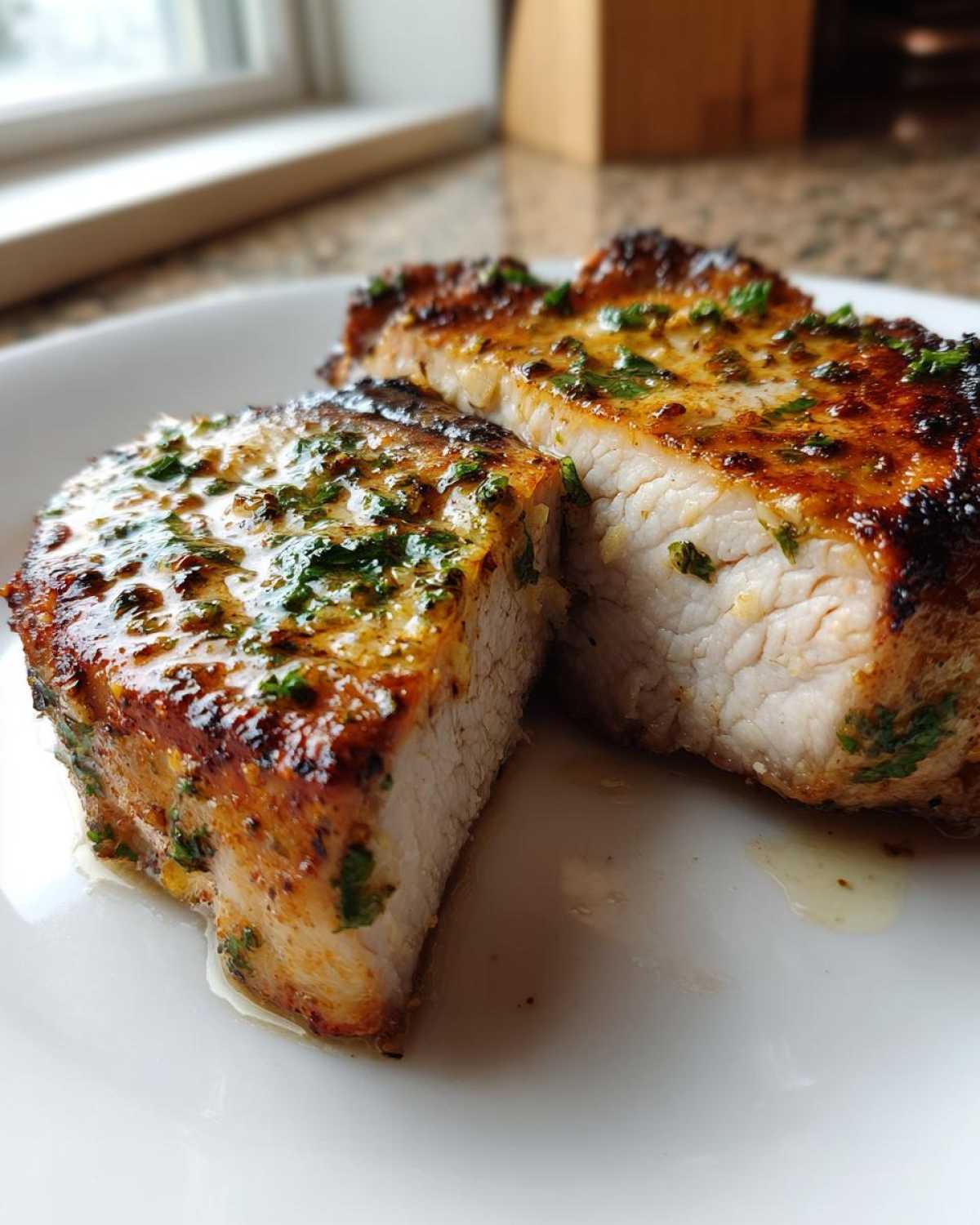 Two thick, juicy Crispy Air Fryer Pork Chops cut in half, glistening with garlic butter and fresh parsley.