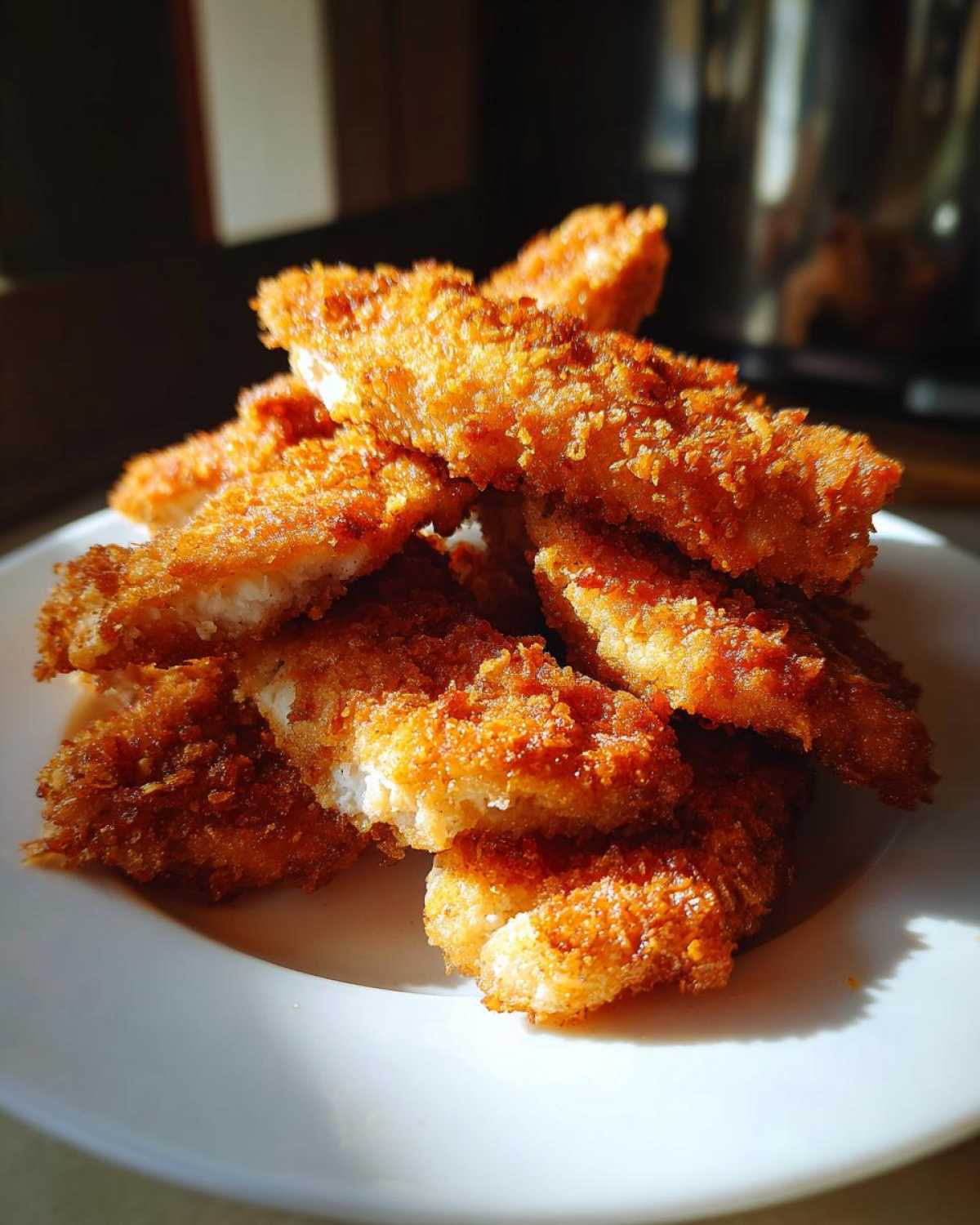 A pile of golden brown Crispy Baked Chicken Tenders with Cornflake Crust stacked on a white plate.