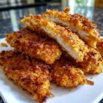 A stack of golden brown Crispy Baked Chicken Tenders with Cornflake Crust, one sliced open showing white meat.