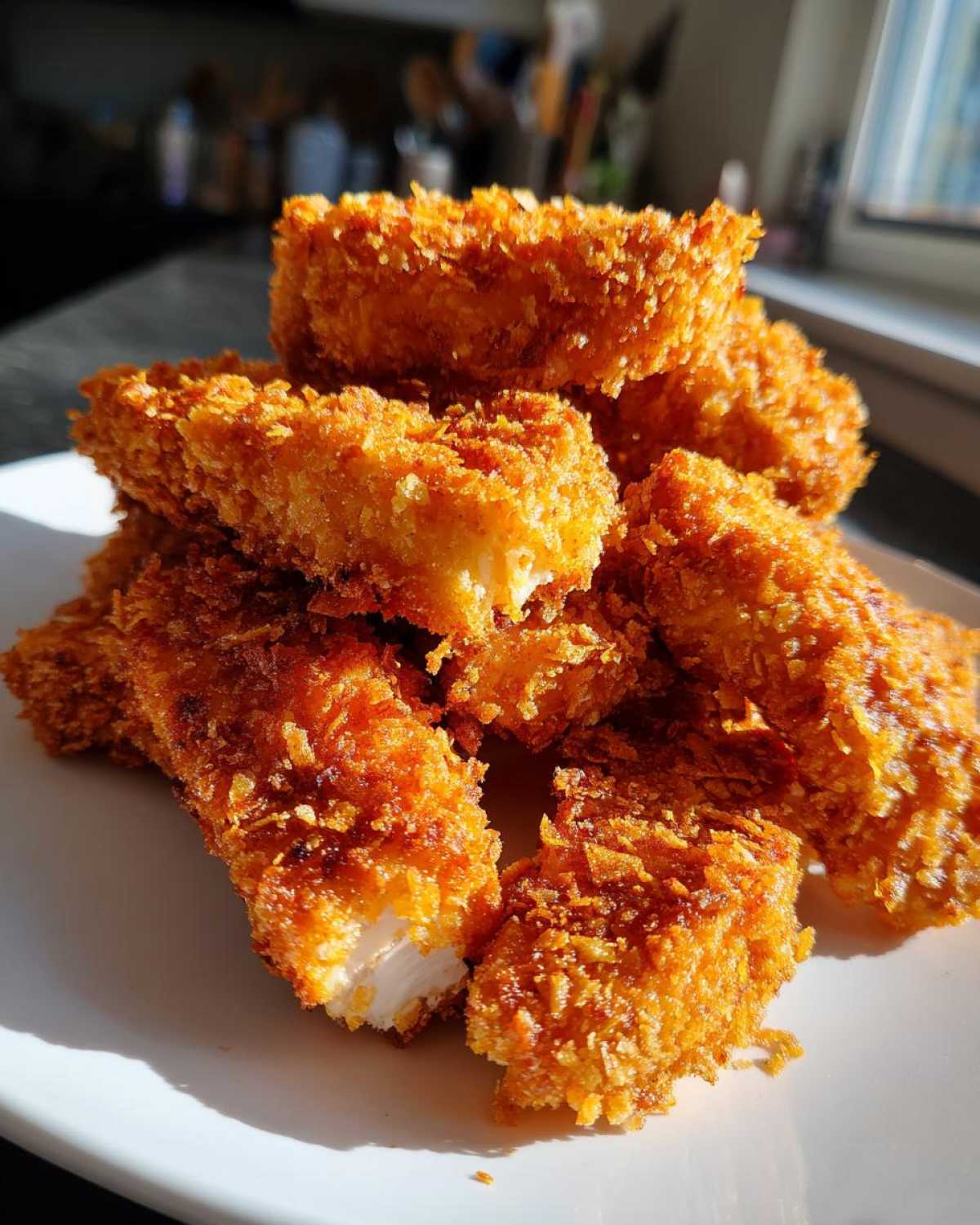 A pile of golden brown Crispy Baked Chicken Tenders with Cornflake Crust stacked on a white plate.