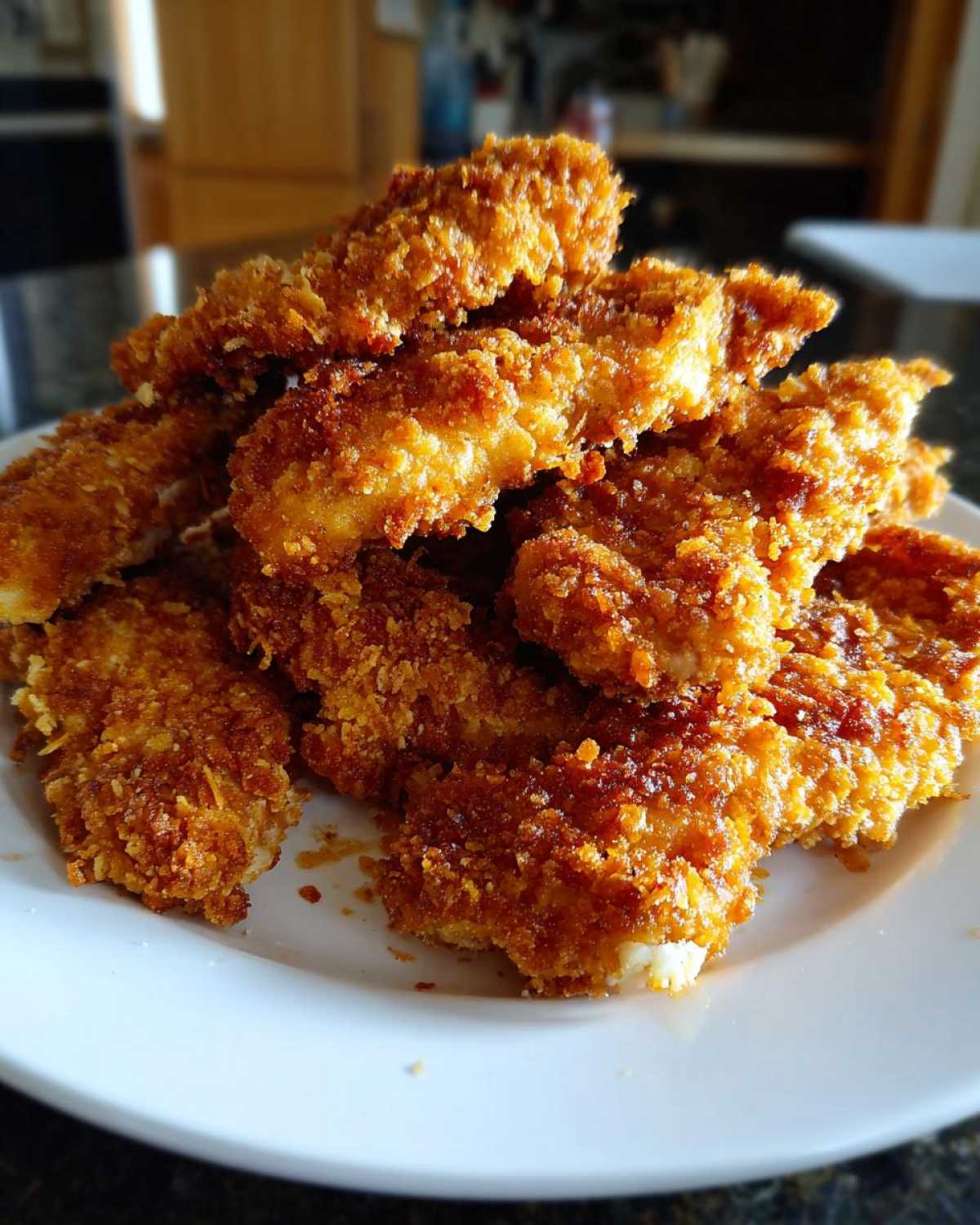 A close-up of a white plate piled high with golden brown, crispy baked chicken tenders with cornflake crust.