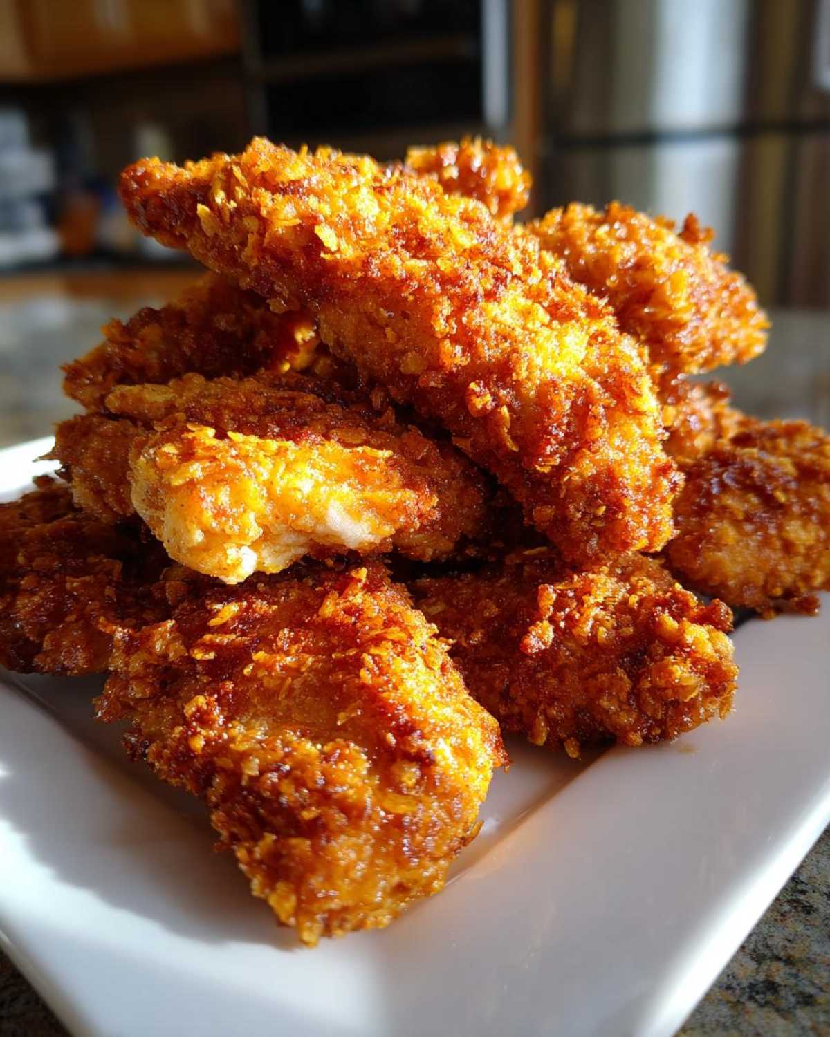 A pile of golden brown, extra crispy baked chicken tenders with cornflake crust stacked on a white plate.