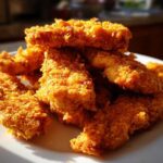 A close-up pile of golden brown Crispy Baked Chicken Tenders with Cornflake Crust stacked on a white plate.