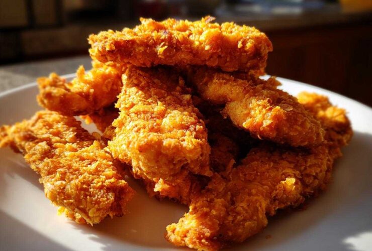 A close-up pile of golden brown Crispy Baked Chicken Tenders with Cornflake Crust stacked on a white plate.