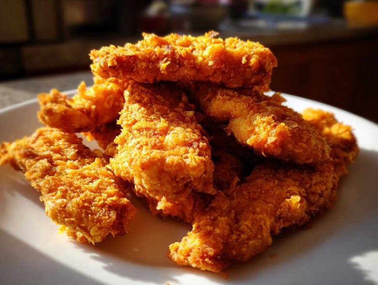 A close-up pile of golden brown Crispy Baked Chicken Tenders with Cornflake Crust stacked on a white plate.