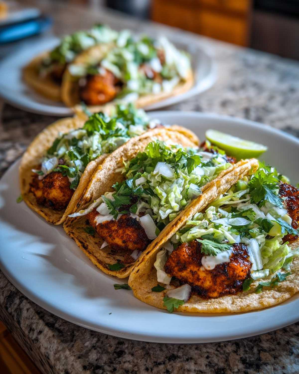 Close-up of three Crispy Baked Fish Tacos topped with lime slaw and cilantro on a white plate.