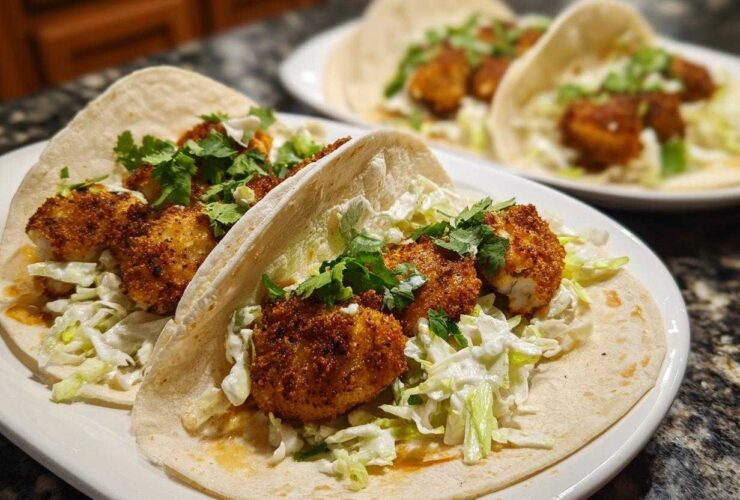 Two Crispy Baked Fish Tacos filled with golden breaded fish, lime slaw, and cilantro on a white plate.
