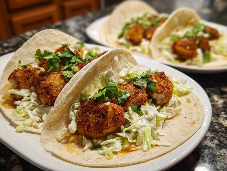 Two Crispy Baked Fish Tacos filled with golden breaded fish, lime slaw, and cilantro on a white plate.
