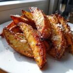 A close-up of golden brown Crispy Baked Garlic Parmesan Potato Wedges piled on a white plate.
