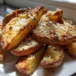 A close-up of golden brown, crispy baked garlic parmesan potato wedges piled on a white plate.
