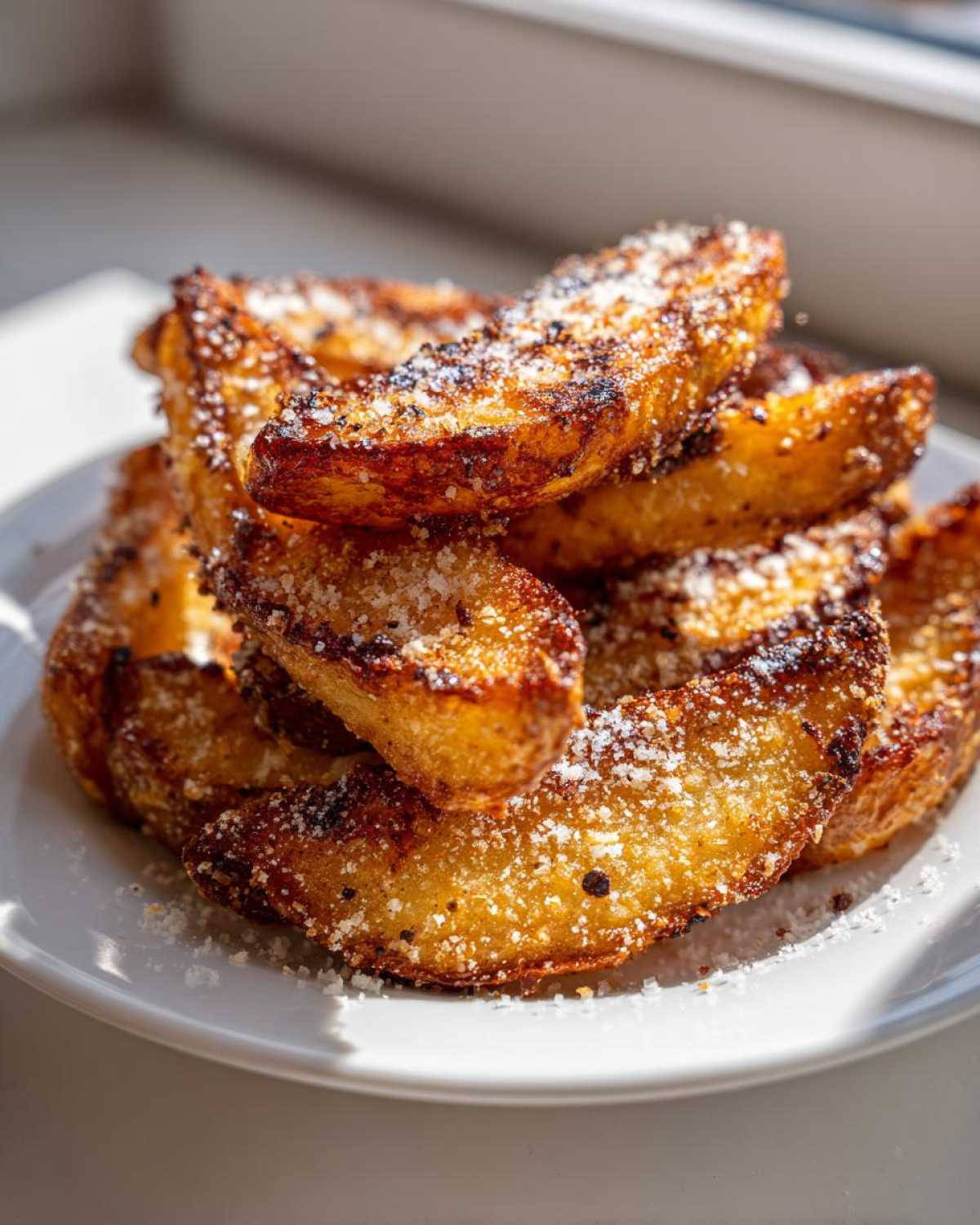 A close-up stack of golden brown, crispy baked garlic parmesan potato wedges dusted with grated cheese.