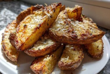 A close-up of golden brown, crispy baked garlic parmesan potato wedges piled on a white plate.