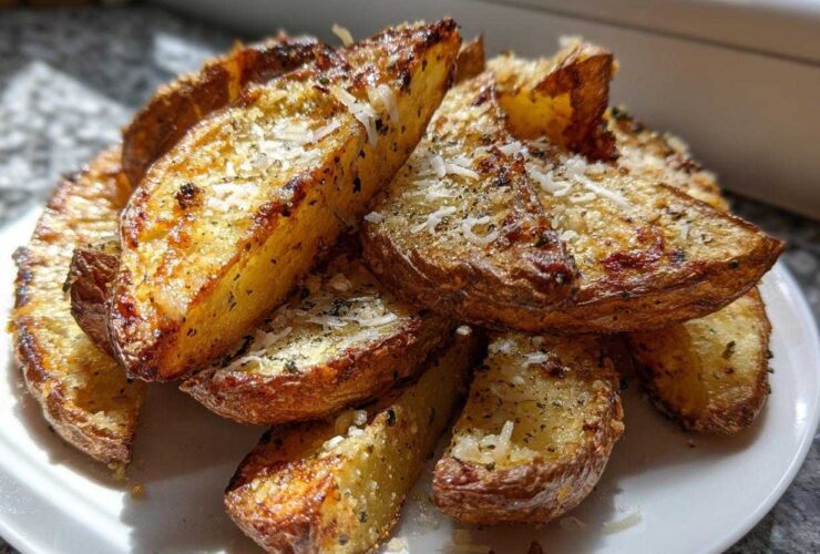 A close-up of golden brown, crispy baked garlic parmesan potato wedges piled on a white plate.