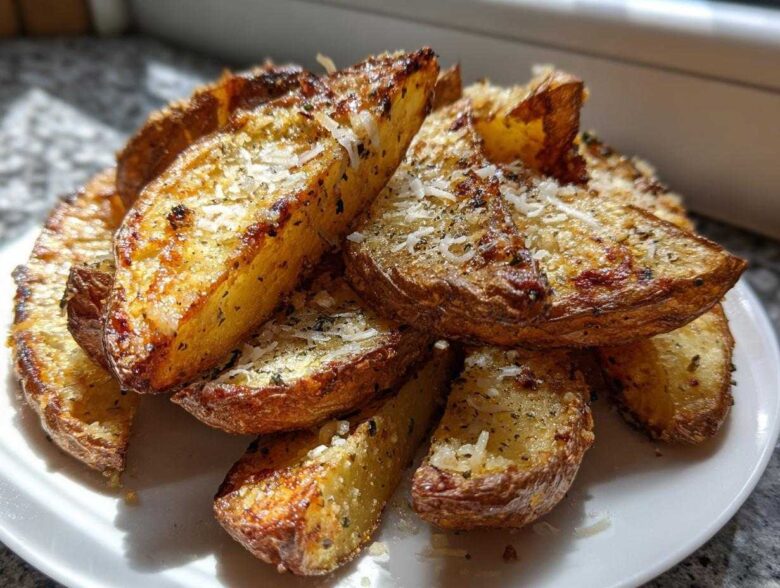 A close-up of golden brown, crispy baked garlic parmesan potato wedges piled on a white plate.