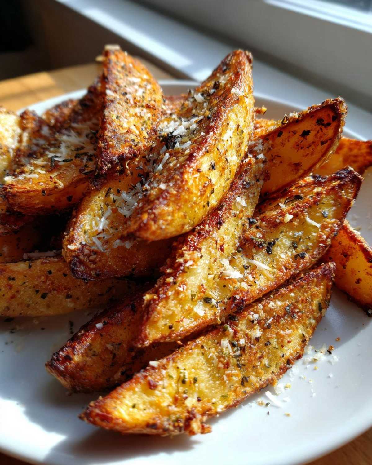 Close-up of golden brown Crispy Baked Garlic Parmesan Potato Wedges sprinkled with herbs and cheese.