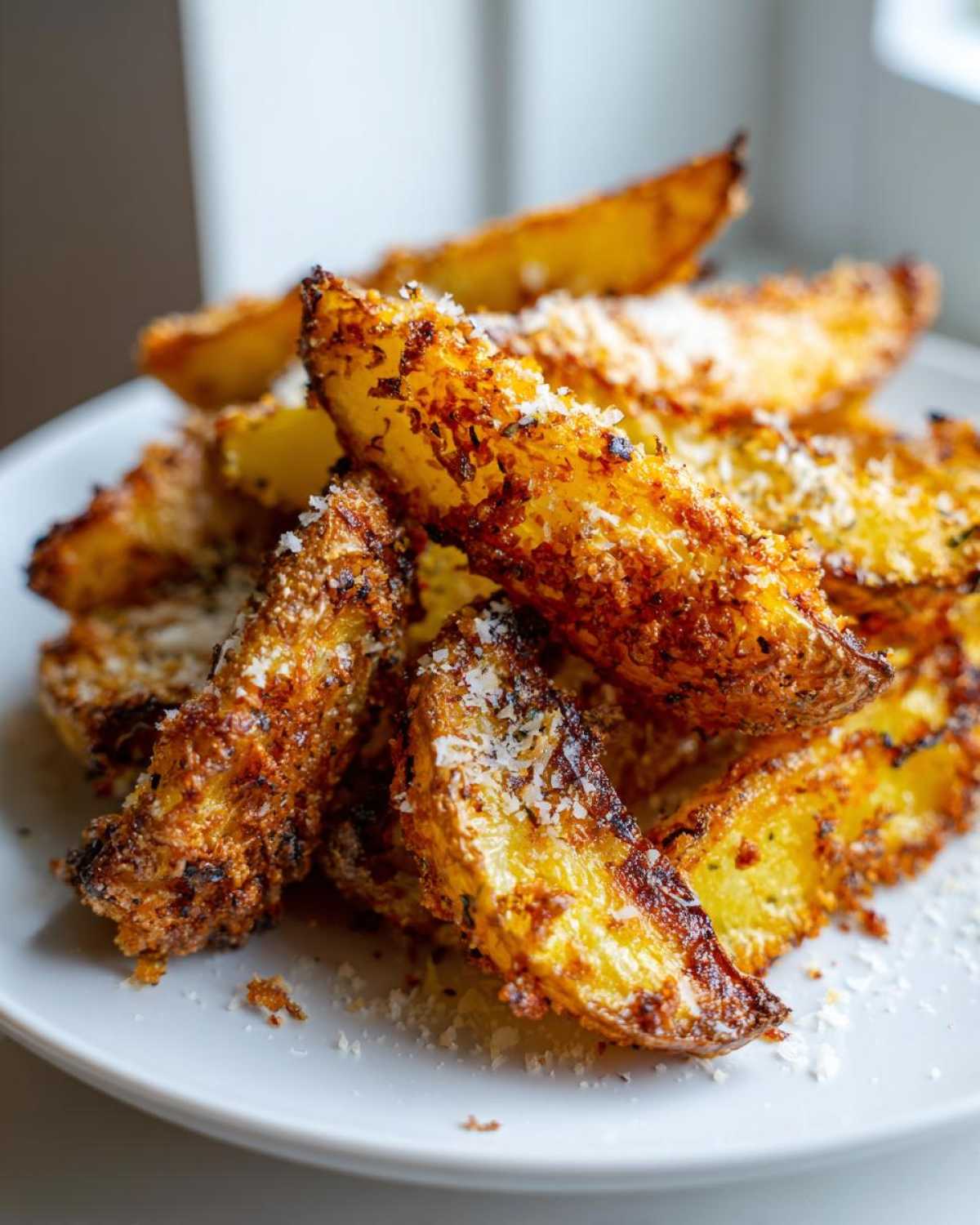 Close-up of golden brown, crispy baked garlic parmesan potato wedges piled on a white plate.