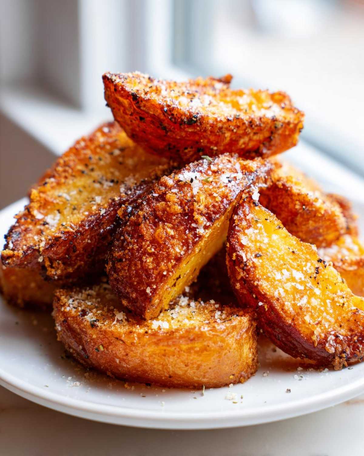 A close-up stack of golden brown Crispy Baked Garlic Parmesan Potato Wedges sprinkled with coarse salt and cheese.