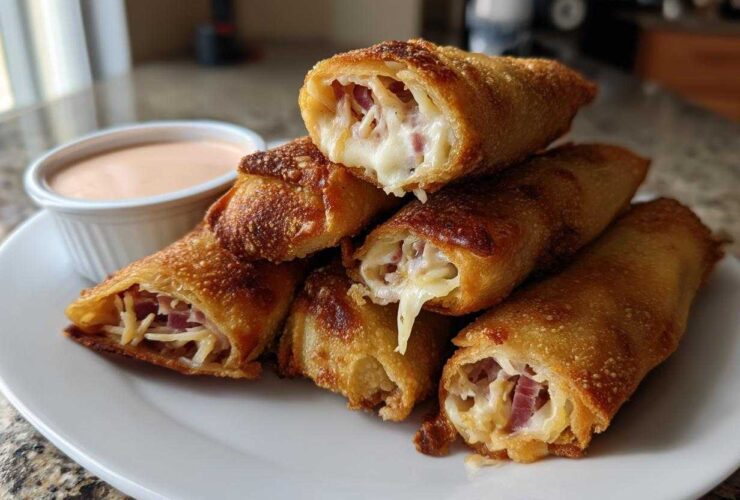 Stack of Crispy Baked Reuben Egg Rolls showing melted cheese and corned beef filling, served with Thousand Island Dip.