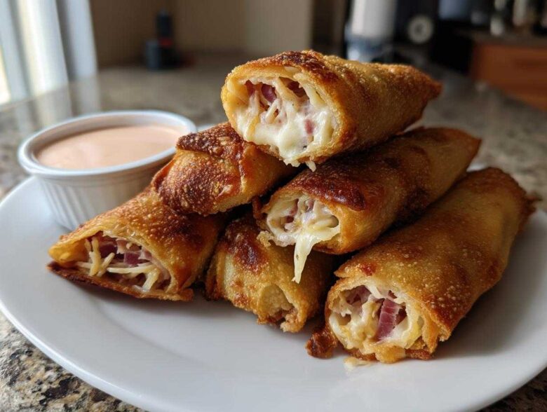 Stack of Crispy Baked Reuben Egg Rolls showing melted cheese and corned beef filling, served with Thousand Island Dip.