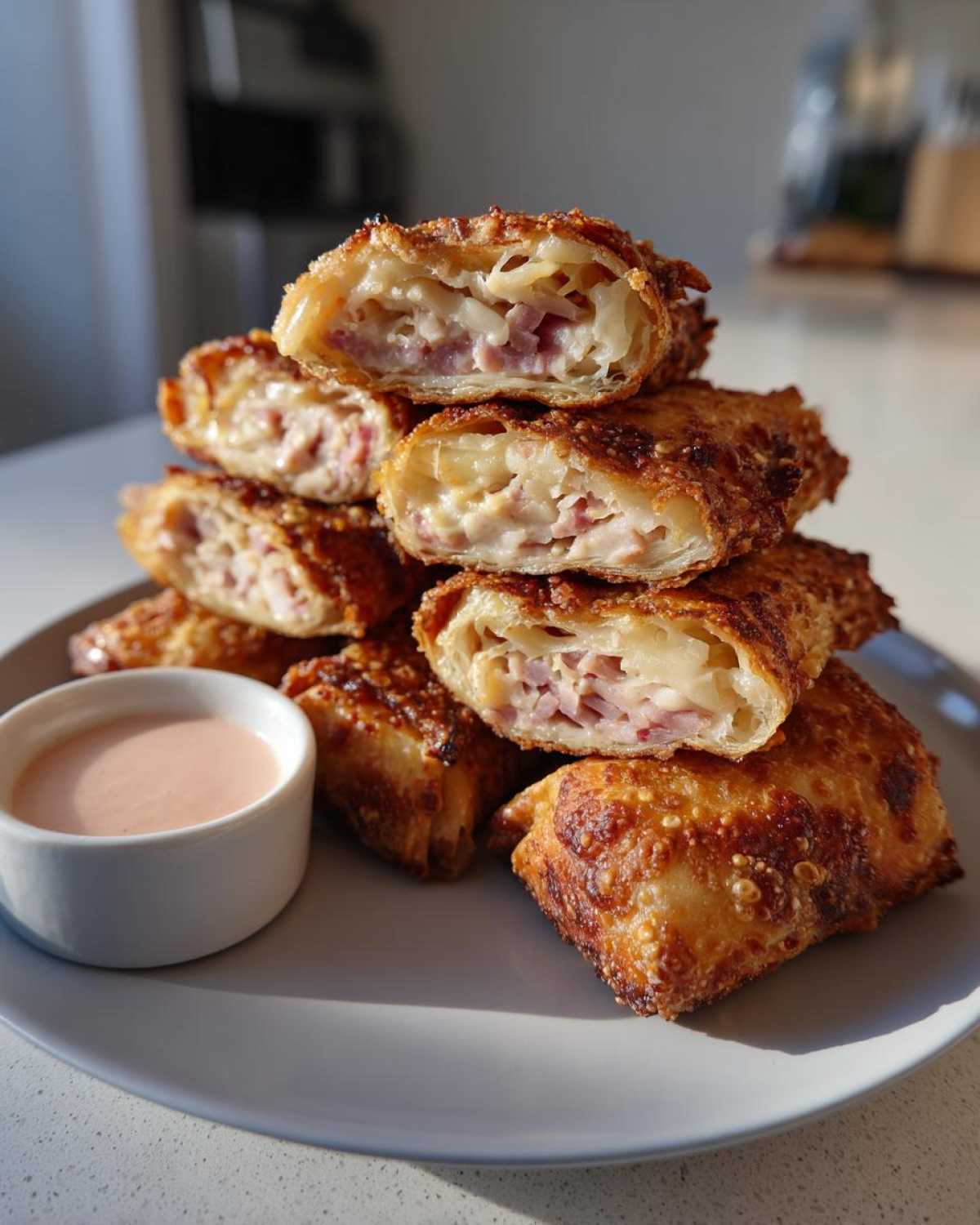 Stack of golden brown Crispy Baked Reuben Egg Rolls cut in half, revealing corned beef and sauerkraut filling, next to Thousand Island dip.