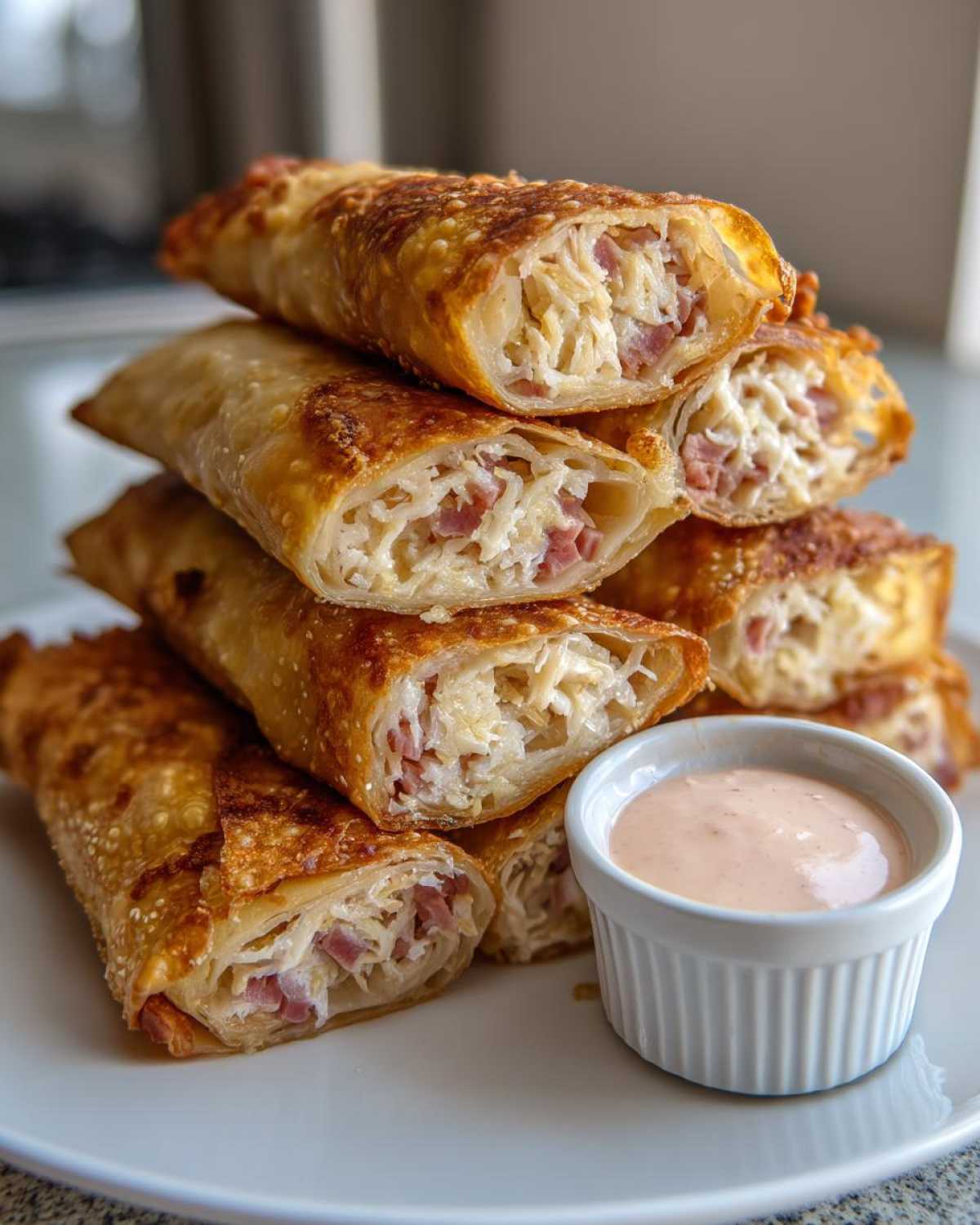 A stack of golden brown Crispy Baked Reuben Egg Rolls, cut open to show corned beef, Swiss cheese, and sauerkraut filling, next to a small dish of Thousand Island dip.