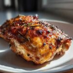 Close-up of two crispy, glazed Lemon Garlic Roasted Chicken Thighs garnished with rosemary on a white plate.