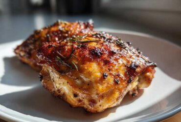 Close-up of two crispy, glazed Lemon Garlic Roasted Chicken Thighs garnished with rosemary on a white plate.