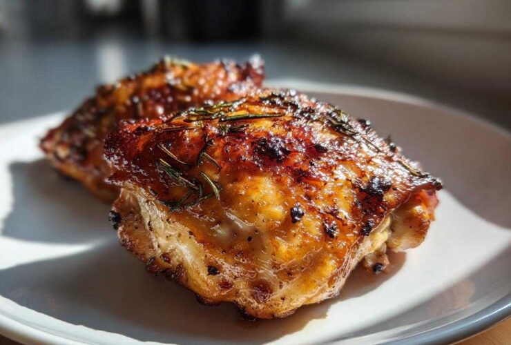 Close-up of two crispy, glazed Lemon Garlic Roasted Chicken Thighs garnished with rosemary on a white plate.