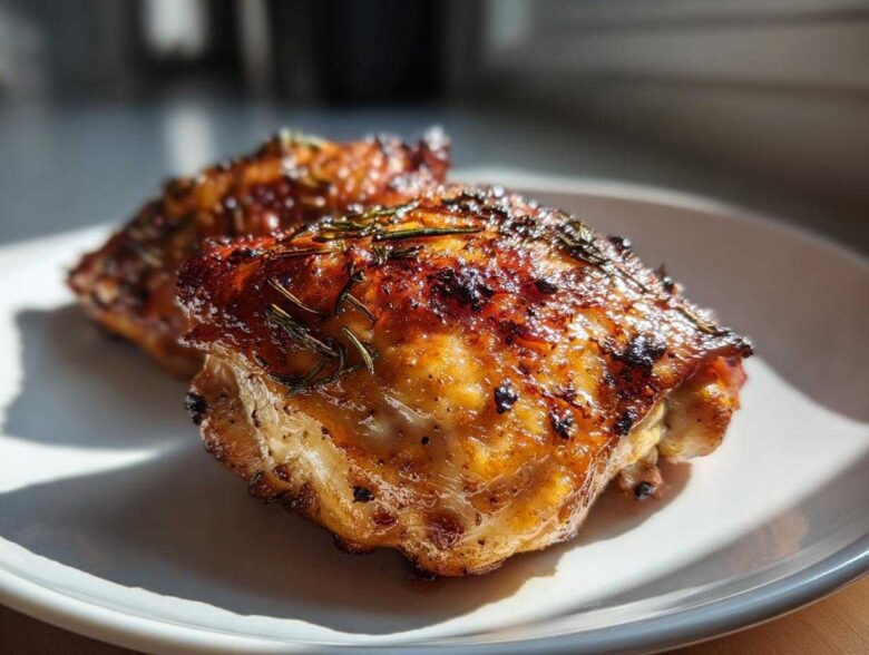 Close-up of two crispy, glazed Lemon Garlic Roasted Chicken Thighs garnished with rosemary on a white plate.