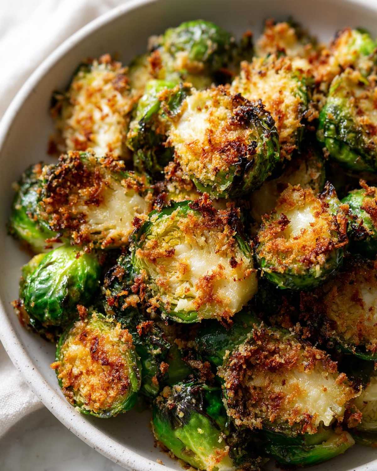 Close-up of perfectly roasted Crispy Parmesan Brussels Sprouts with a golden brown, crunchy topping in a light bowl.