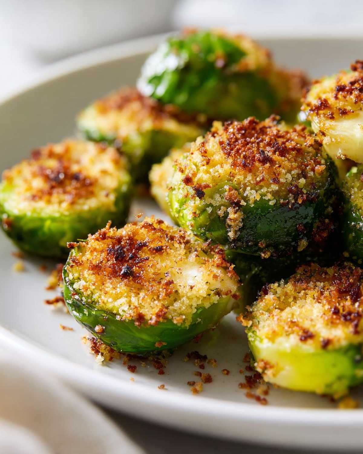 Close-up of bright green Brussels sprouts halves topped with golden, crispy Parmesan breading.