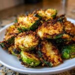 A close-up shot of perfectly roasted Crispy Parmesan Brussels Sprouts piled high on a white plate.