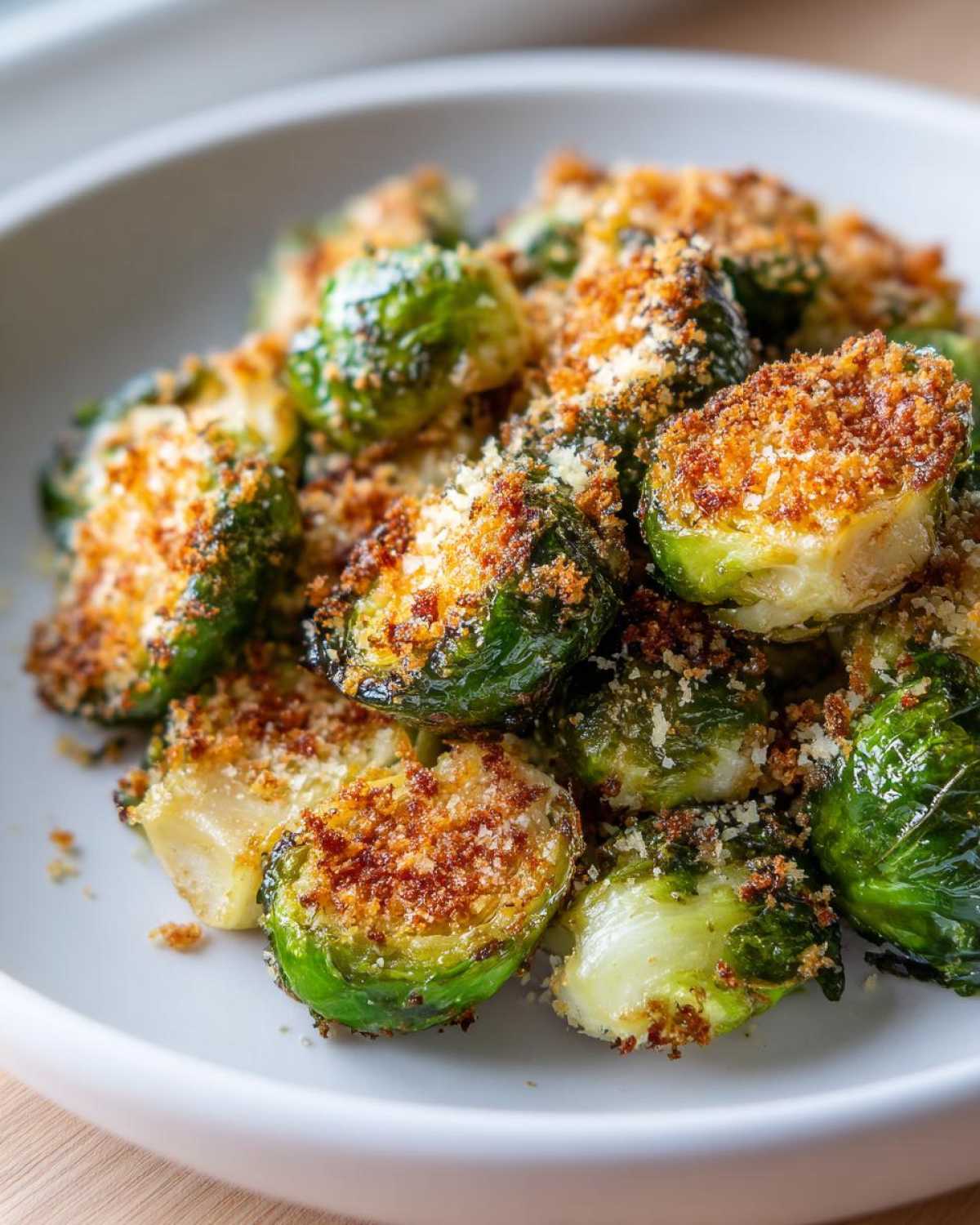 A close-up of beautifully roasted Crispy Parmesan Brussels Sprouts topped with golden breadcrumbs and grated cheese.