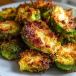 Close-up of perfectly roasted Crispy Parmesan Brussels Sprouts halves with a golden-brown, crunchy topping.