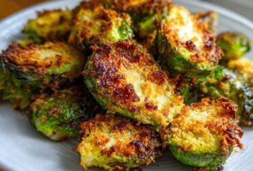 Close-up of perfectly roasted Crispy Parmesan Brussels Sprouts halves with a golden-brown, crunchy topping.
