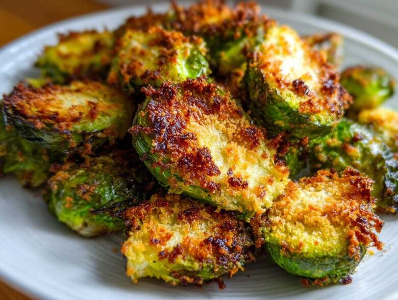 Close-up of perfectly roasted Crispy Parmesan Brussels Sprouts halves with a golden-brown, crunchy topping.