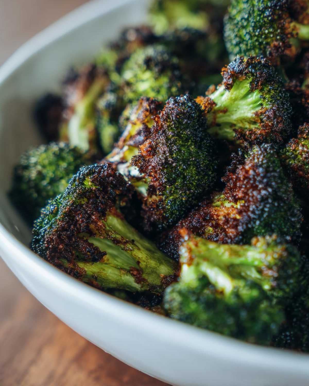 Close-up of deeply browned, Crispy Parmesan Roasted Broccoli served in a white bowl.