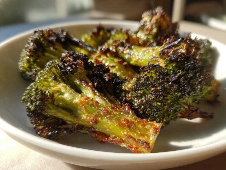 Close-up of perfectly charred and crispy Parmesan roasted broccoli florets served in a white bowl.