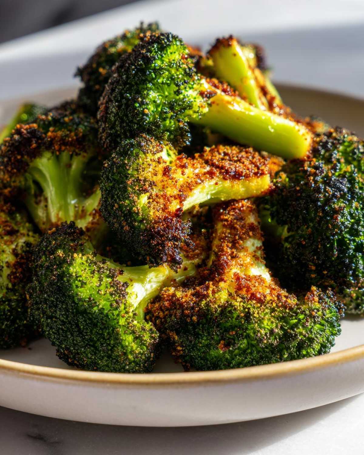 Close-up of bright green broccoli florets coated in crispy, browned Parmesan topping.